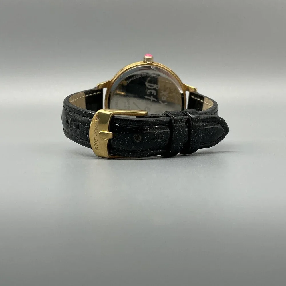 Betsey Johnson Womens Watch 39mm Black Bee Dial Gold Tone Leather New Battery